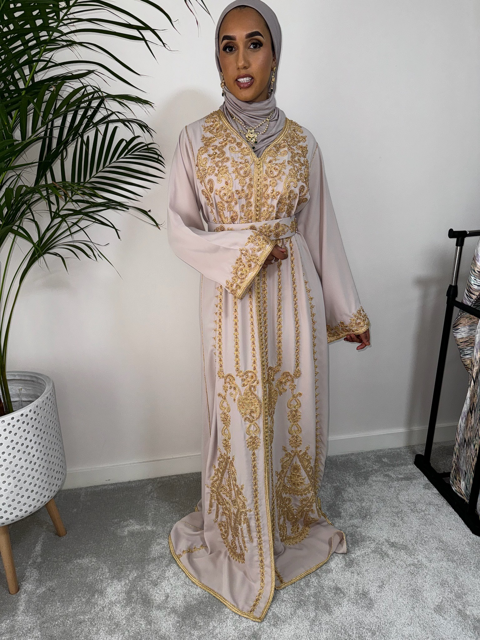 Kaftan Layali in Light Beige with full length detailed embroidery and matching belt