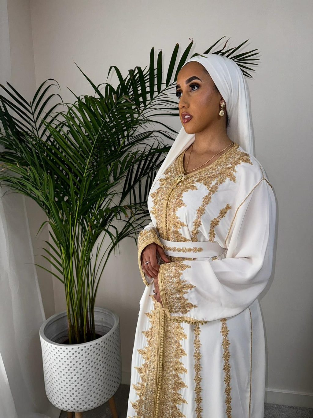 White Bridal Kaftan With gold Embroidery and Matching Belt