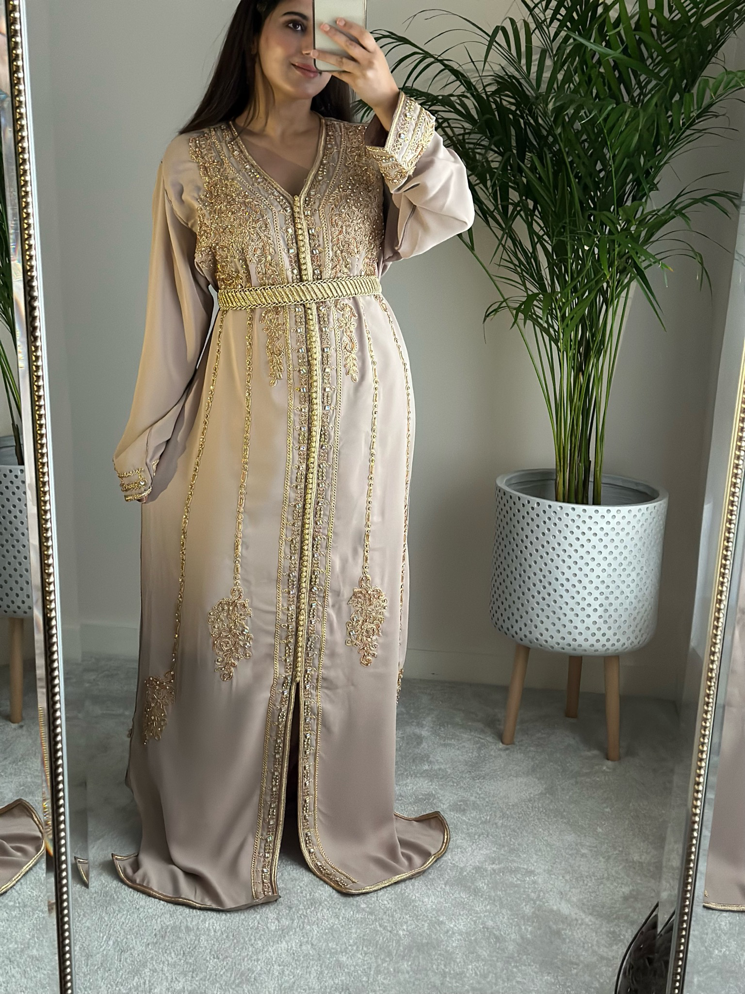 Nude Kaftan with Gold detailing and belt