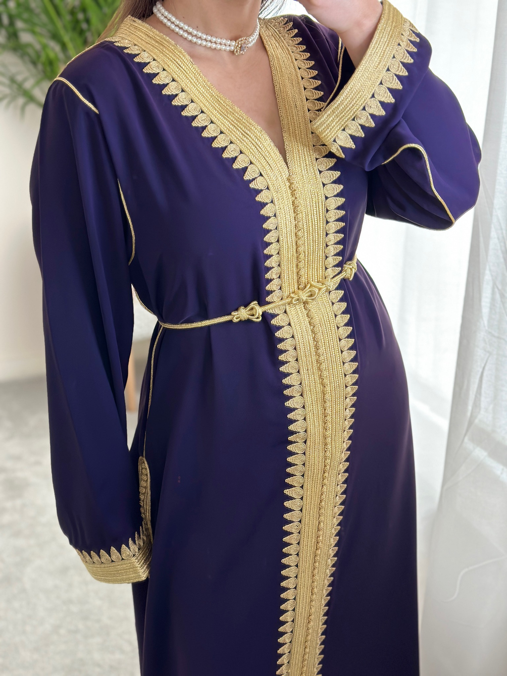 Kaftan El Hiba with Gold embroidery available in Dark Purple
