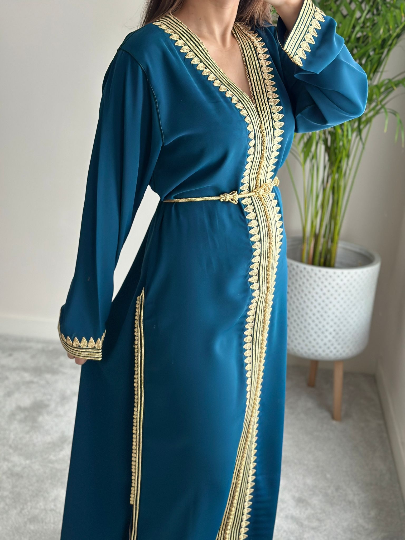 Kaftan El Hiba with Gold embroidery available in Teal