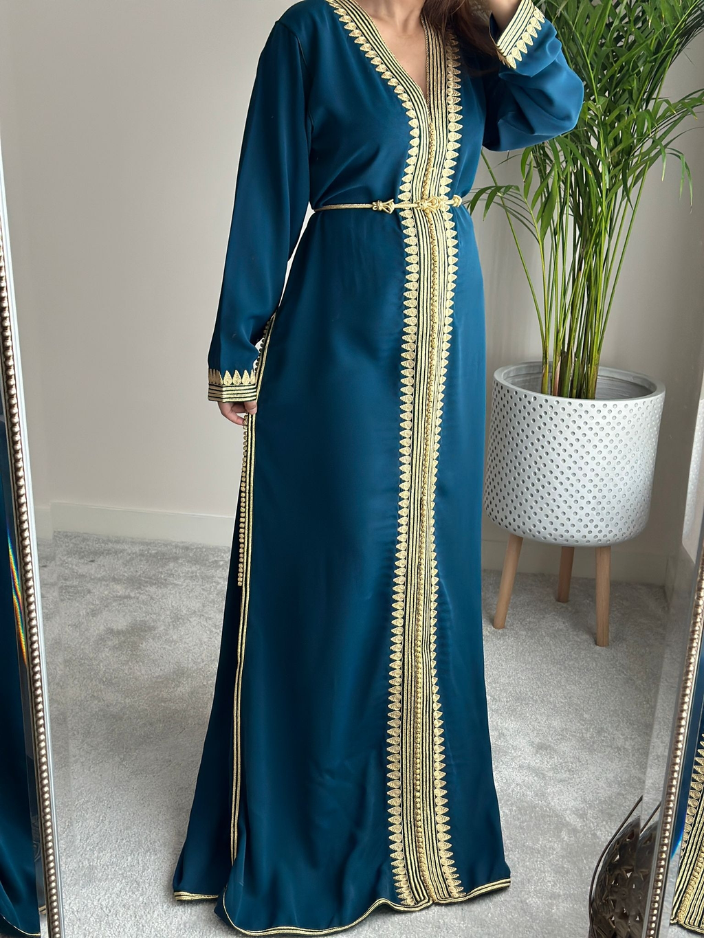 Kaftan El Hiba with Gold embroidery available in Teal