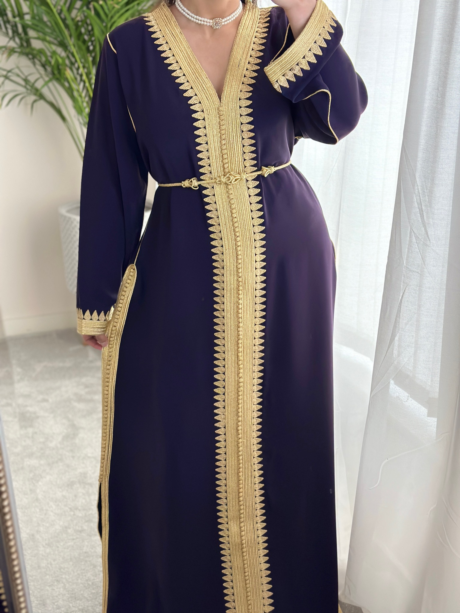 Kaftan El Hiba with Gold embroidery available in Dark Purple