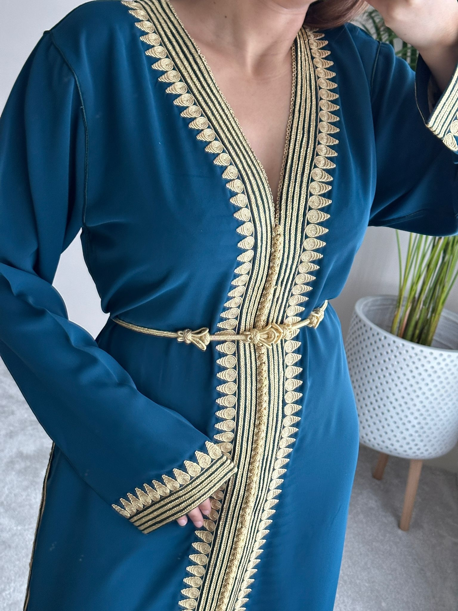Kaftan El Hiba with Gold embroidery available in Teal
