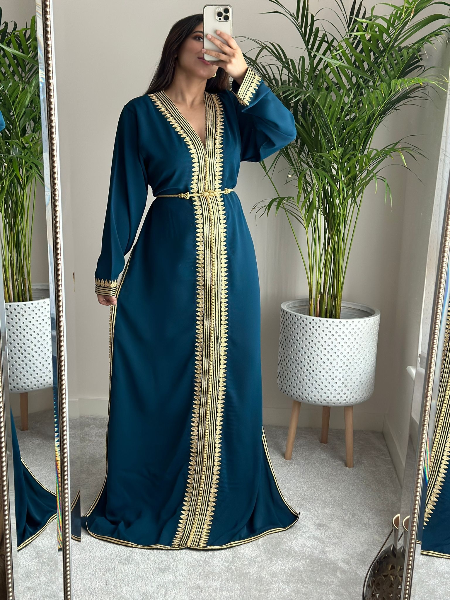 Kaftan El Hiba with Gold embroidery available in Teal