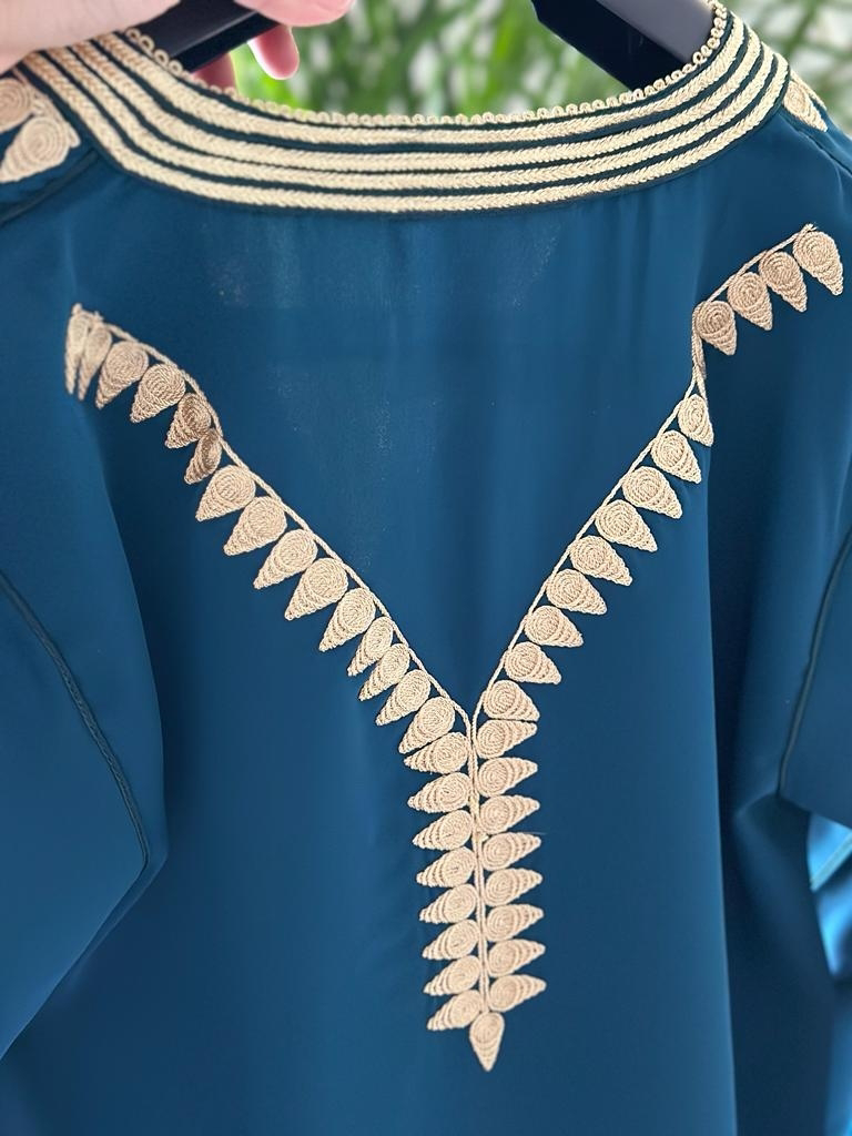 Kaftan El Hiba with Gold embroidery available in Teal