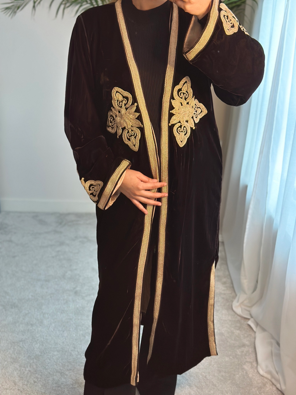 Moroccan Kimono In Brown with Gold embroidery