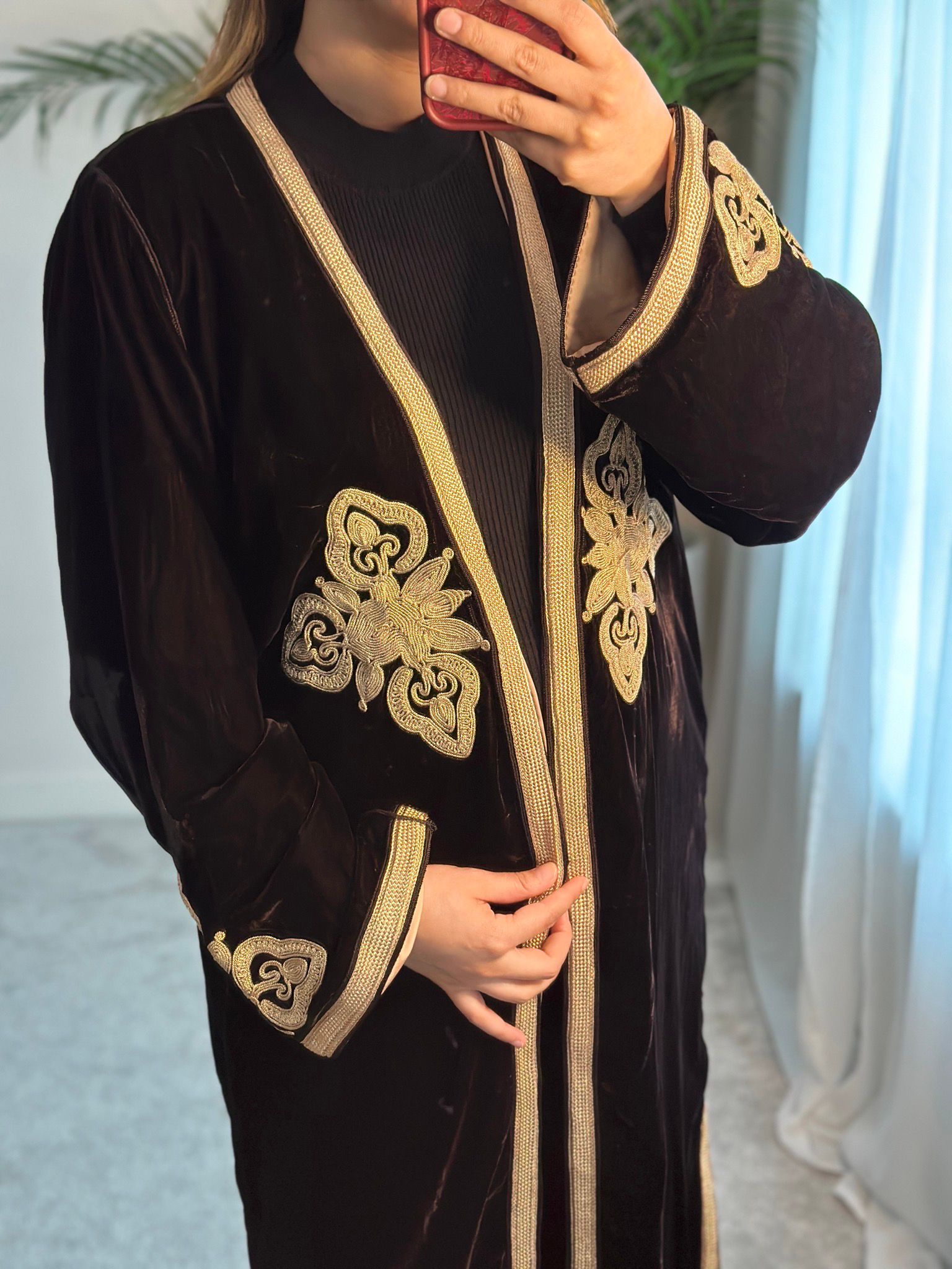 Moroccan Kimono In Brown with Gold embroidery